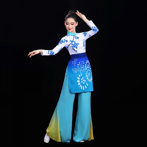 Women girls blue printed chinese folk dance costumes Yangge umbrella fan caicha dance clothes for female